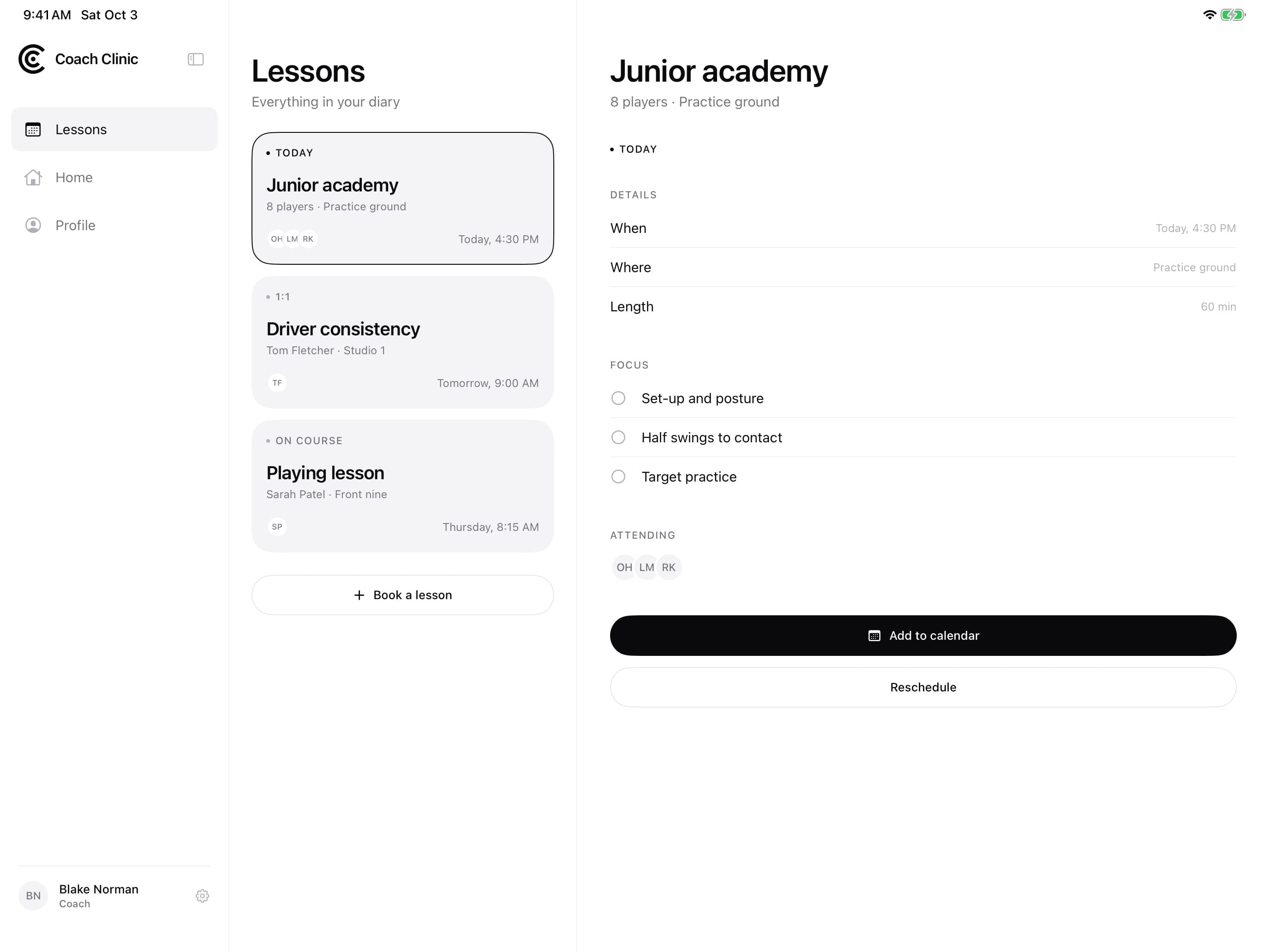 iPad lessons view in landscape: the diary beside the selected lesson's details, focus areas and attendees