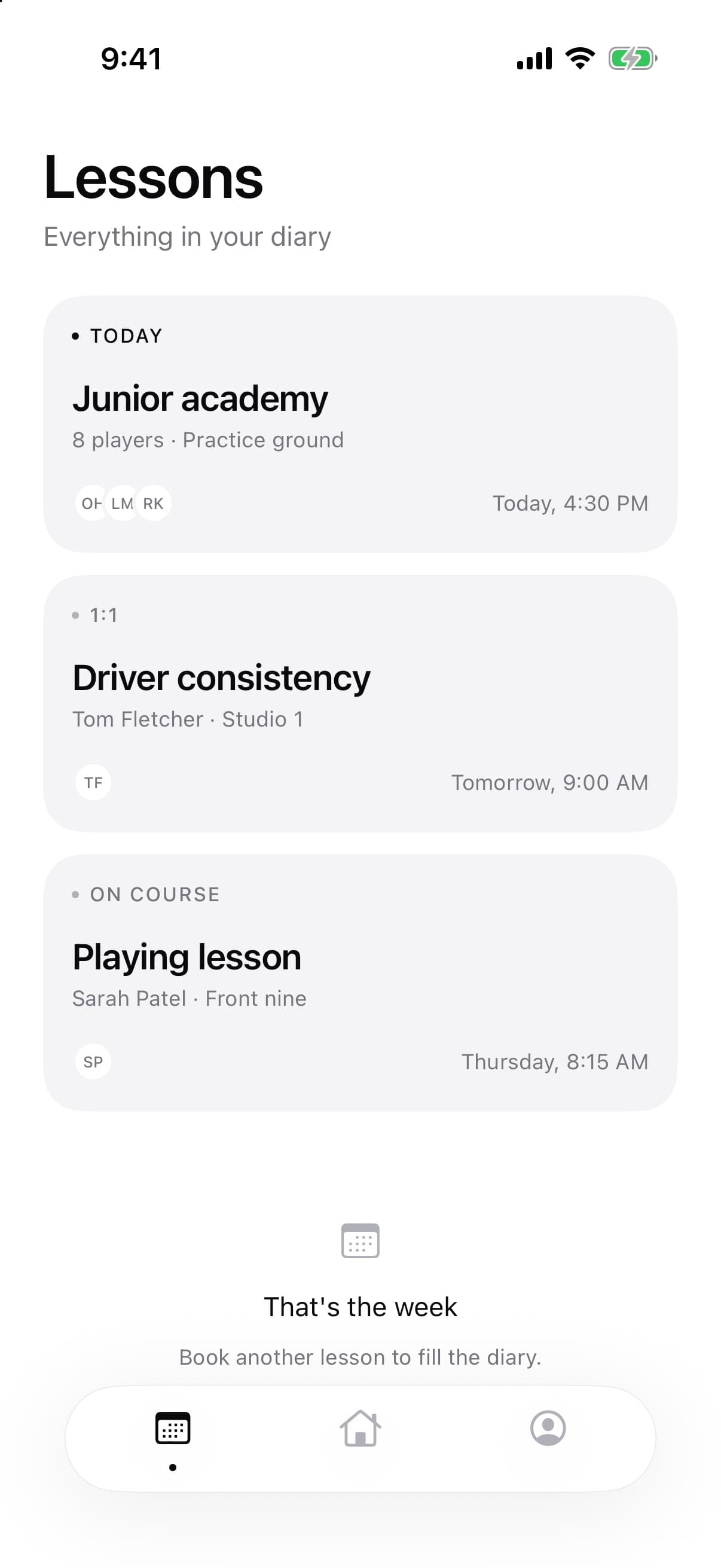 Lessons screen listing today's junior academy session, a one-to-one and a playing lesson
