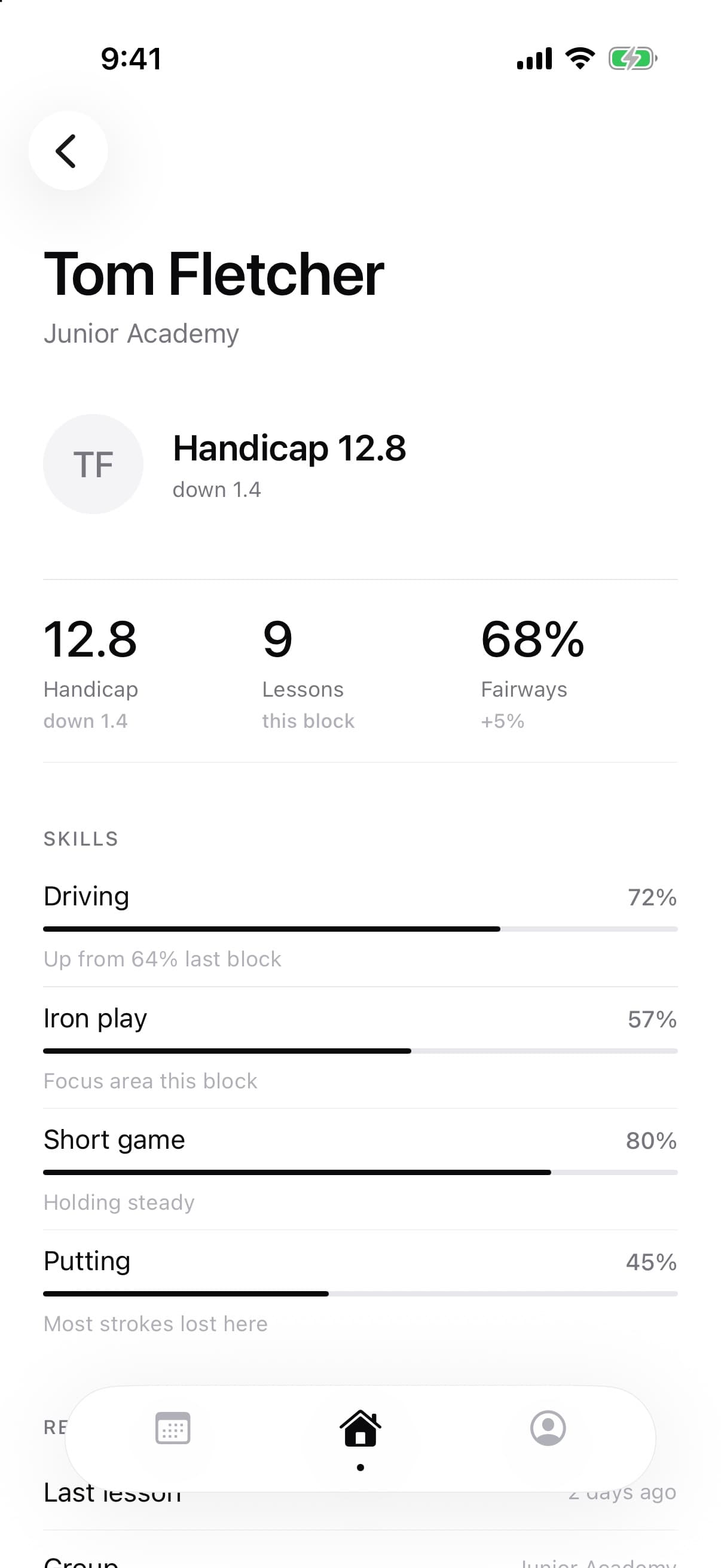 A student's profile with handicap, lessons this block, fairways hit and skill bars
