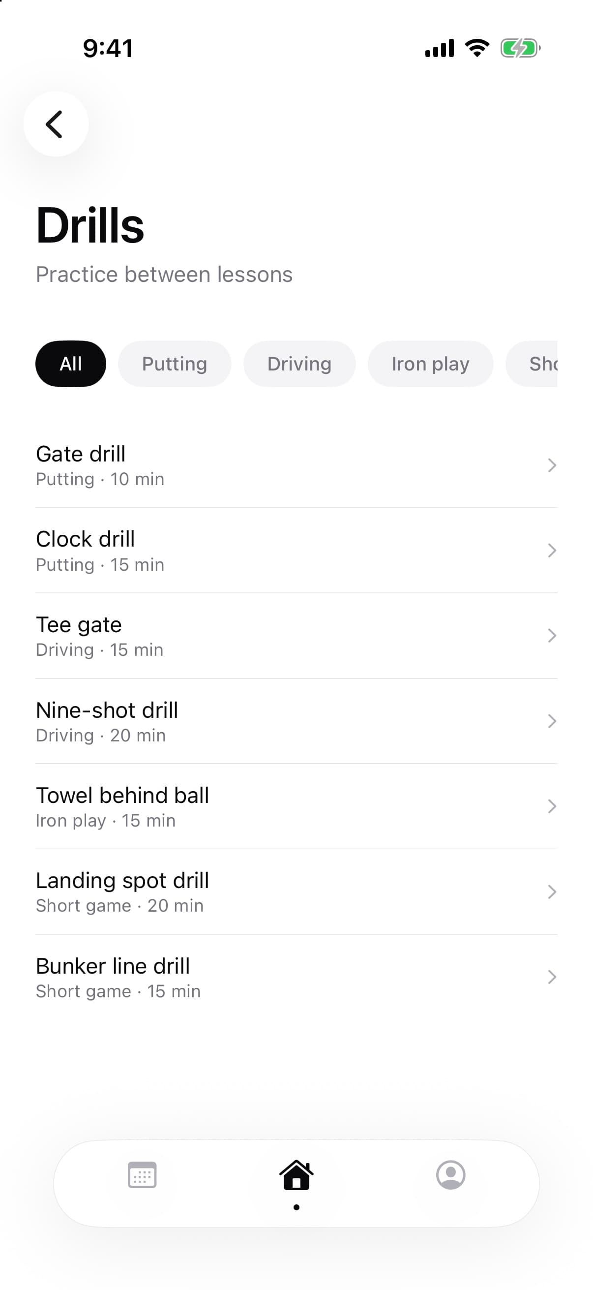 Drill library with category filters for putting, driving, iron play and short game