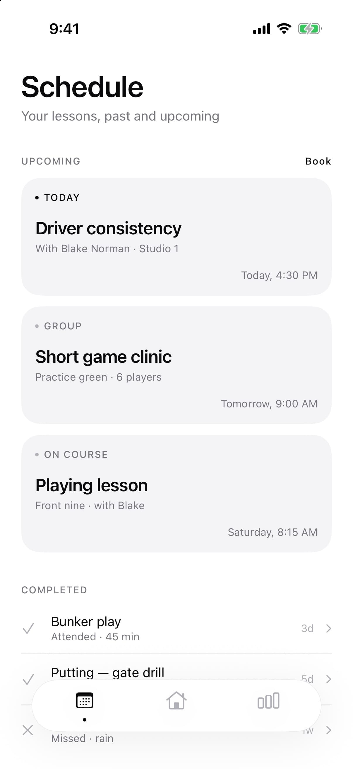Student schedule with upcoming lessons today, tomorrow and Saturday, and completed lessons below
